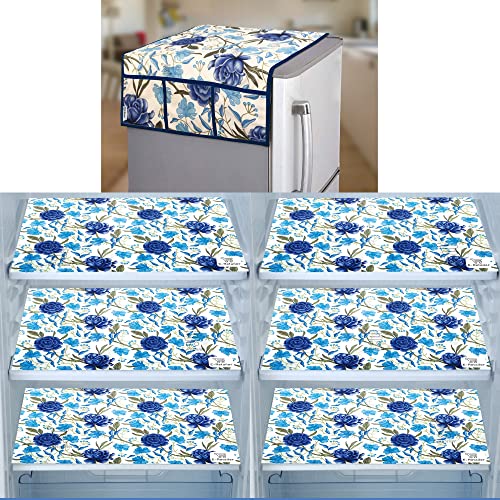 Image of Polyester 3-Layered Fridge Top Cover /Refrigerator Cover With Utility Pockets and Set of 6 Pc Fridge Mats (Color-Floral Blue, Size-39x21 Inch)