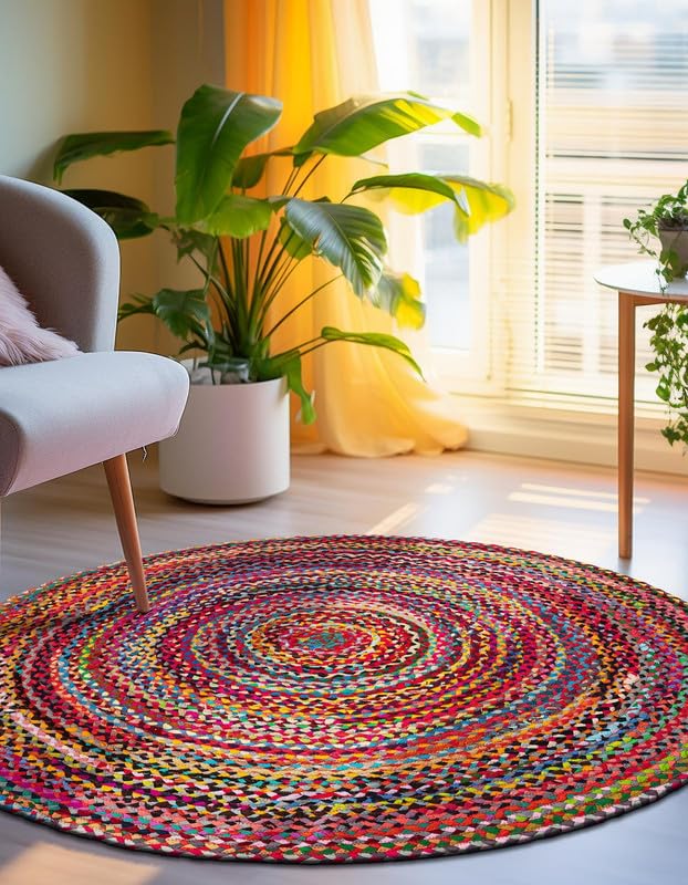 Tapis rond multi-coton tissé à la main, design unique, style bohème rustique, durable et respectueux des animaux domestiques, pour salon, salle à manger et chambre à coucher 1,8 m