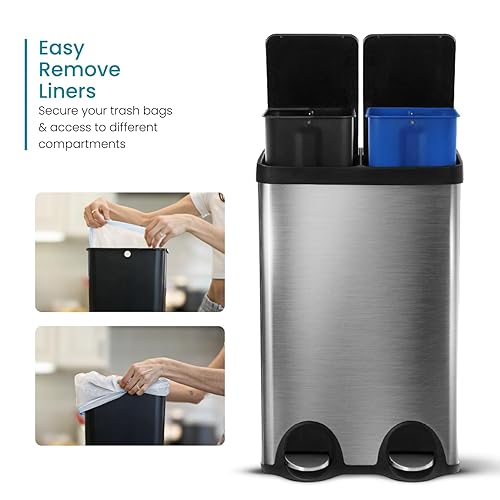 Miniatura 4 de Home Zone Living Cubo de basura delgado de 15.8 galones, doble compartimento, acero inoxidable, pedal de escalón, 60 litros, plata