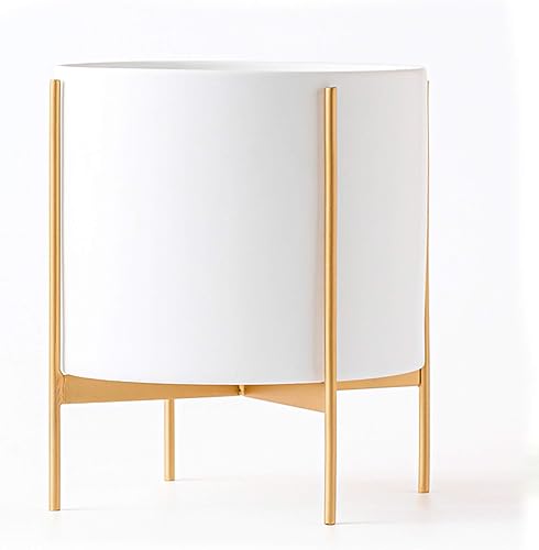 kimisty Zoe - Maceta de cerámica de 10 pulgadas con soporte dorado, maceta moderna de mediados de siglo con soporte de metal de hierro, maceta