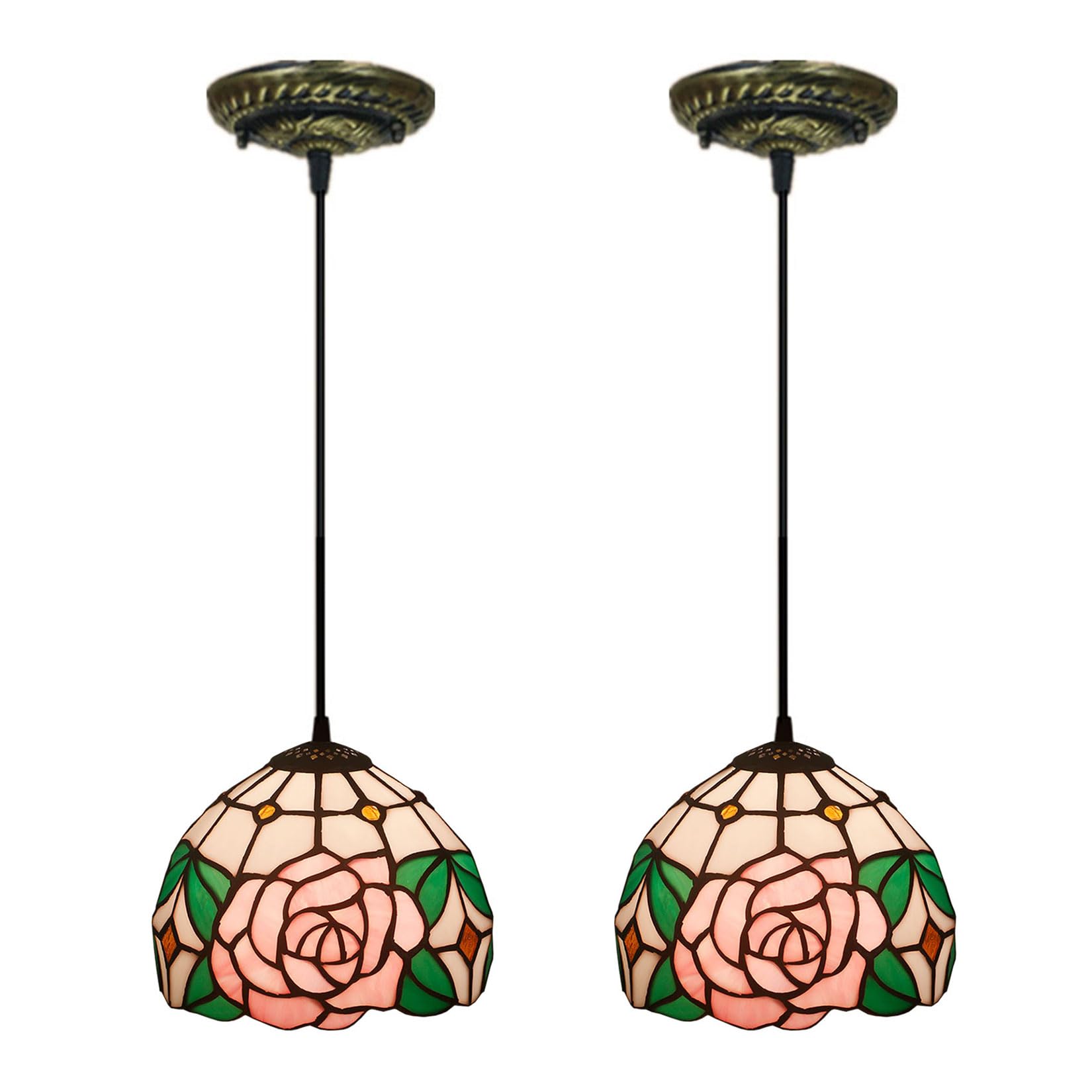 Wdcdyqdh Light/Pink/Green Tiffany Pendant Fixture Rose Stained Glass Lamp Shades Hanging Vintage Flower Leaf Home Decor Chandelier Wide 8" Height 39" For Kitchen Island Dining Room 2Pcs