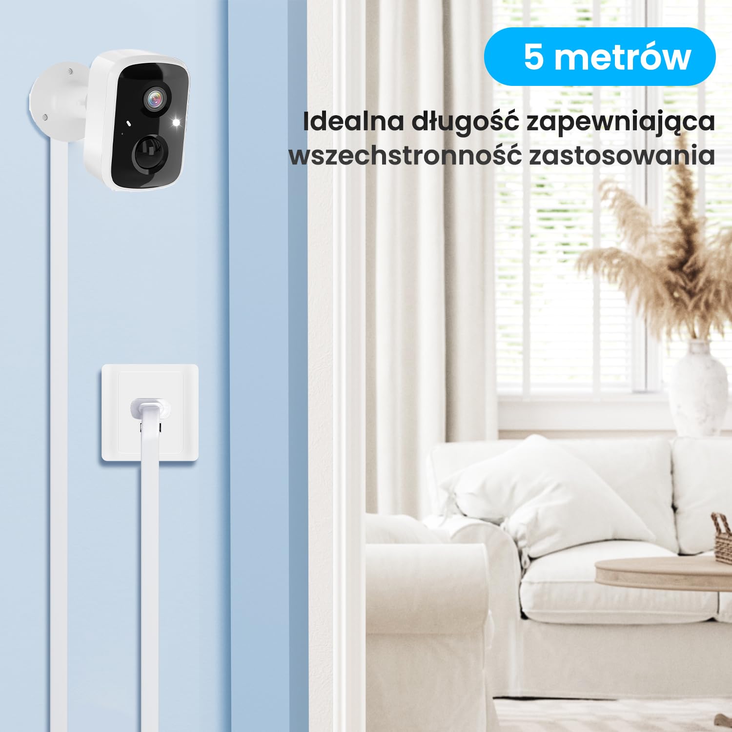 5 m płaski kabel USB-A do USB-C, bardzo długi przedłużacz do ładowania kamer monitorujących, smartfonów, tabletów, kontrolerów do gier i innych, obsługuje transmisję danych – biały
