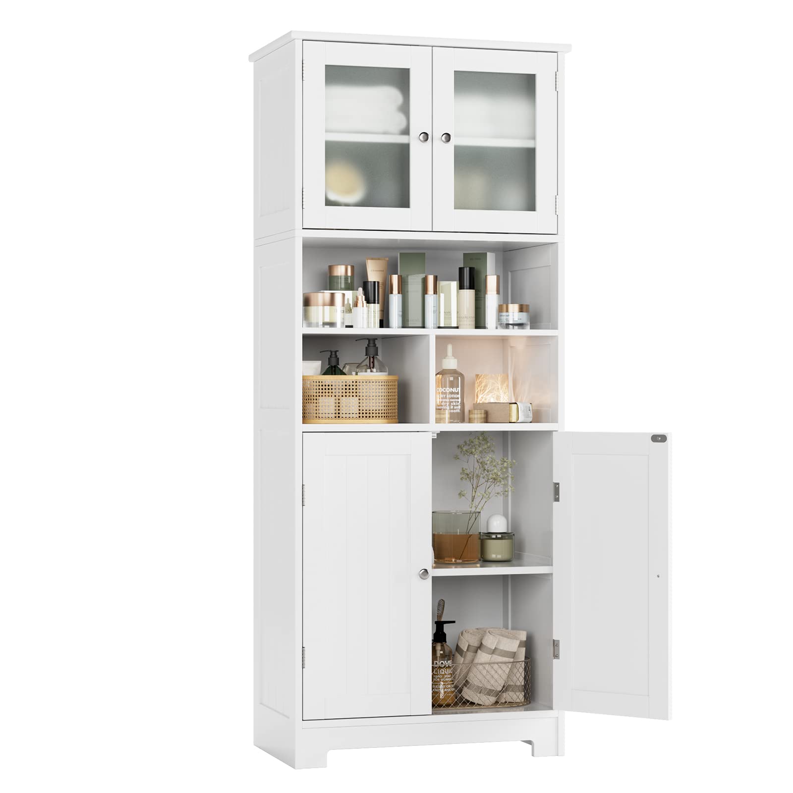 HOCSOK Meuble Salle de Bain, Armoire Haute avec Porte en Verre Dépoli, Colonne Salle de Bain avec Etagères Réglables, Blanc