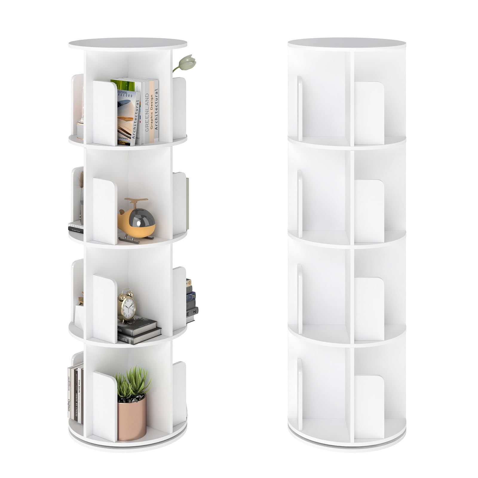 Bibliothèque Rotative, 4 Niveaux et 16 Compartiments, Base Ronde rotative à 360°, Convient pour Salon, Chambre, Bureau, Chambre d'enfant, 39×128cm (φ×H), Blanc