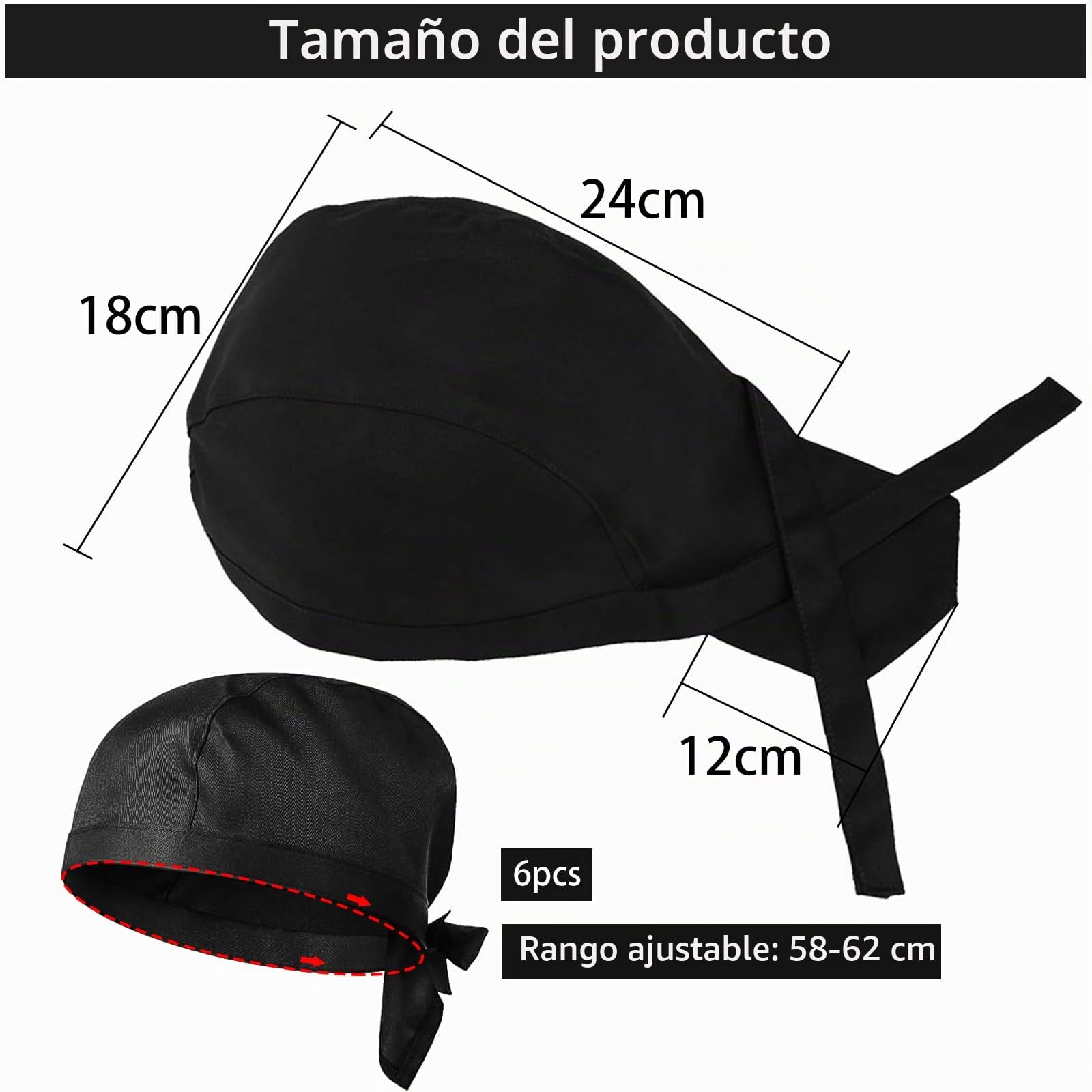 6 gorros de cocinero para hombre y mujer, unisex, ajustables y transpirables, negros, para restaurantes, hoteles, escuelas, cocinas domésticas, bares, Negro , 62
