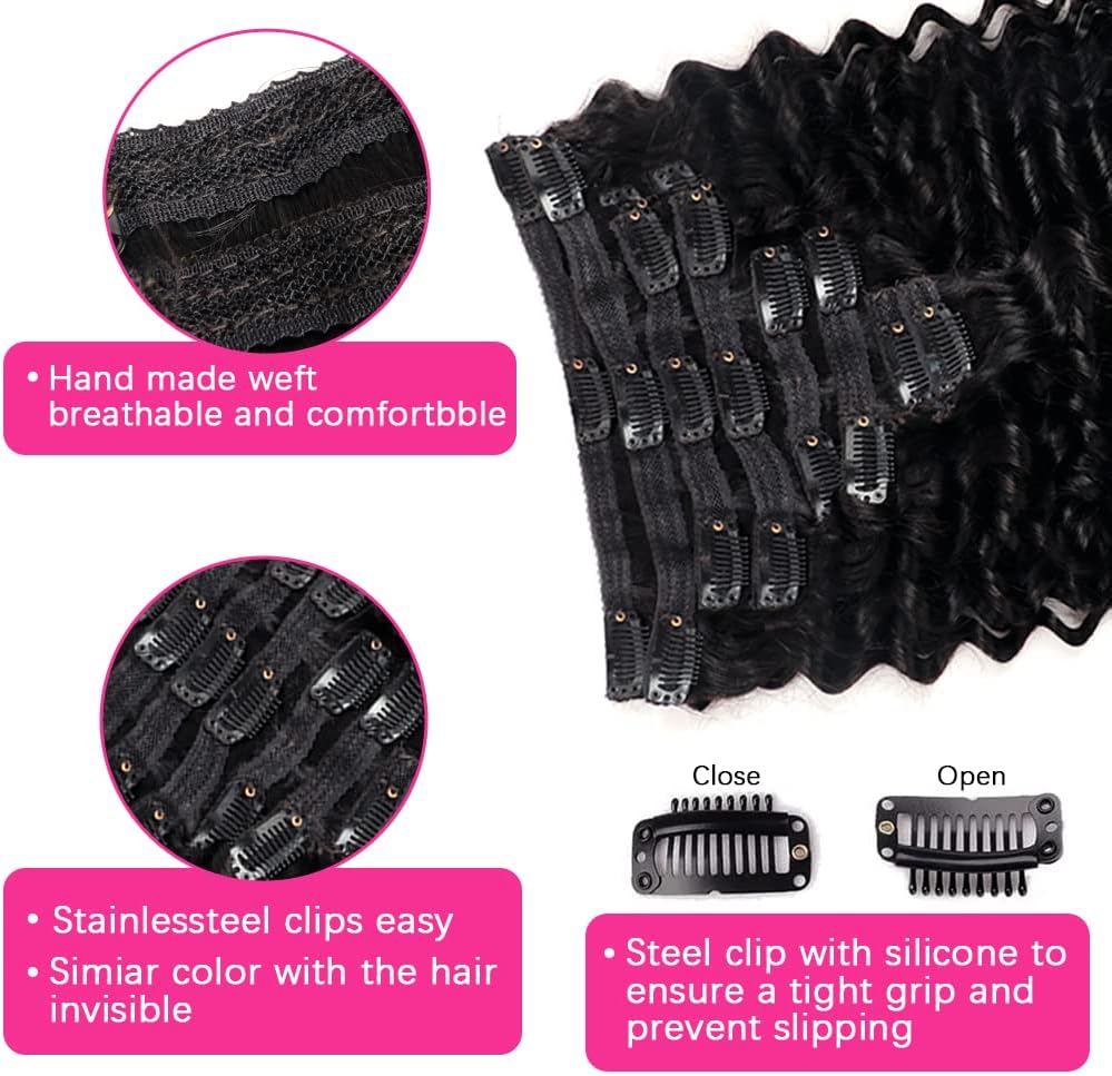 Deep Wave Clip in Hair Extensions Real Human Hair Brazilian Virgin Human Hair Clip in Extensions for Women 8Pcs Remy Hair with 18Clips 120g 20inch Natural Black