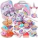 55Pcs Tea Party Set for Little Girls, Princess Tea Party Set,Unicorn Kid Tin Tea Set,Kids Kitchen Pretend Toy, Toddler Tea Party Sets for Girls 3-5, Girls Tea Party Set Gift for 4 + Year Old Girl