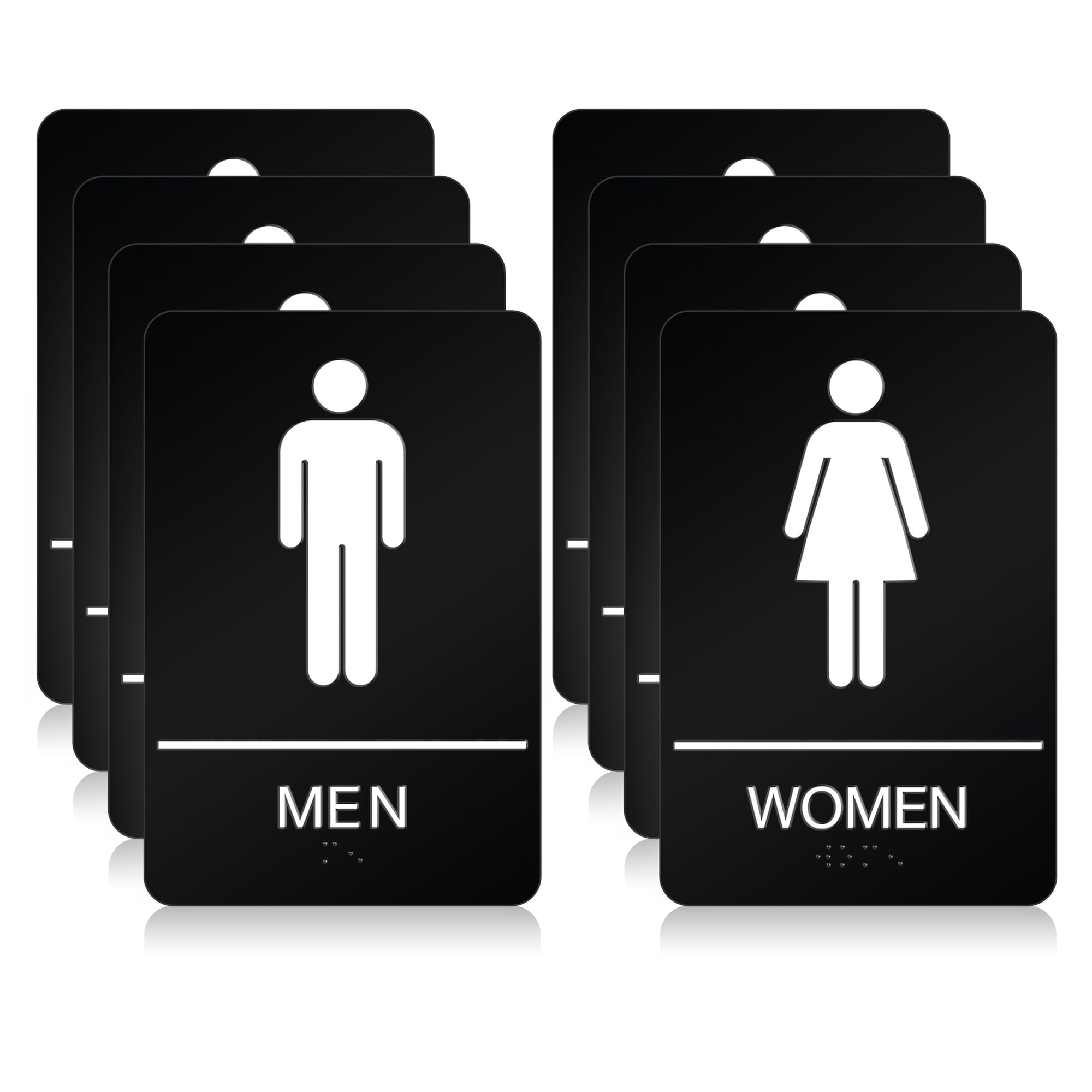 ADA Braille - Letrero de baño para hombres y mujeres para negocios, 9 x 6 pulgadas, paquete de 4, letrero de baño de plástico ABS con cinta fuerte de doble cara para oficinas y restaurantes