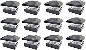 12 Pack Outdoor Garden 5 x 5 Solar LED Post Deck Cap Square Fence Light Landscape Lamp Lawn PVC Vinyl Wood Black