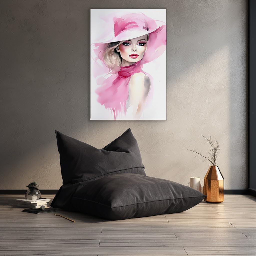 Canvas for Living room. Enigmatic Elegance: The Allure of the Lady in Pink, 27 x 18 inch Canvas Wall Art - Ready to Hang - 69x46 cm (27x18 inch)