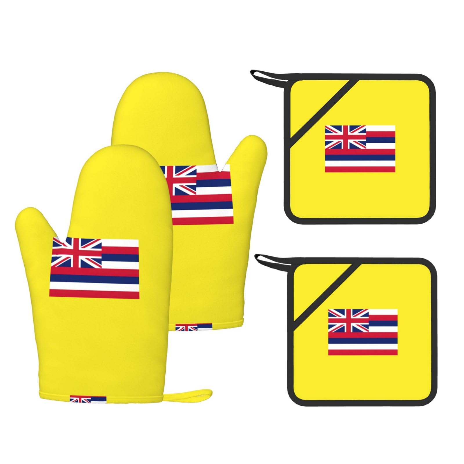 Nimongt Black Hawaii Flag Print Heat Resistant Gloves Pads Reusable Kitchen Set Oven Baking Grilling Cooking