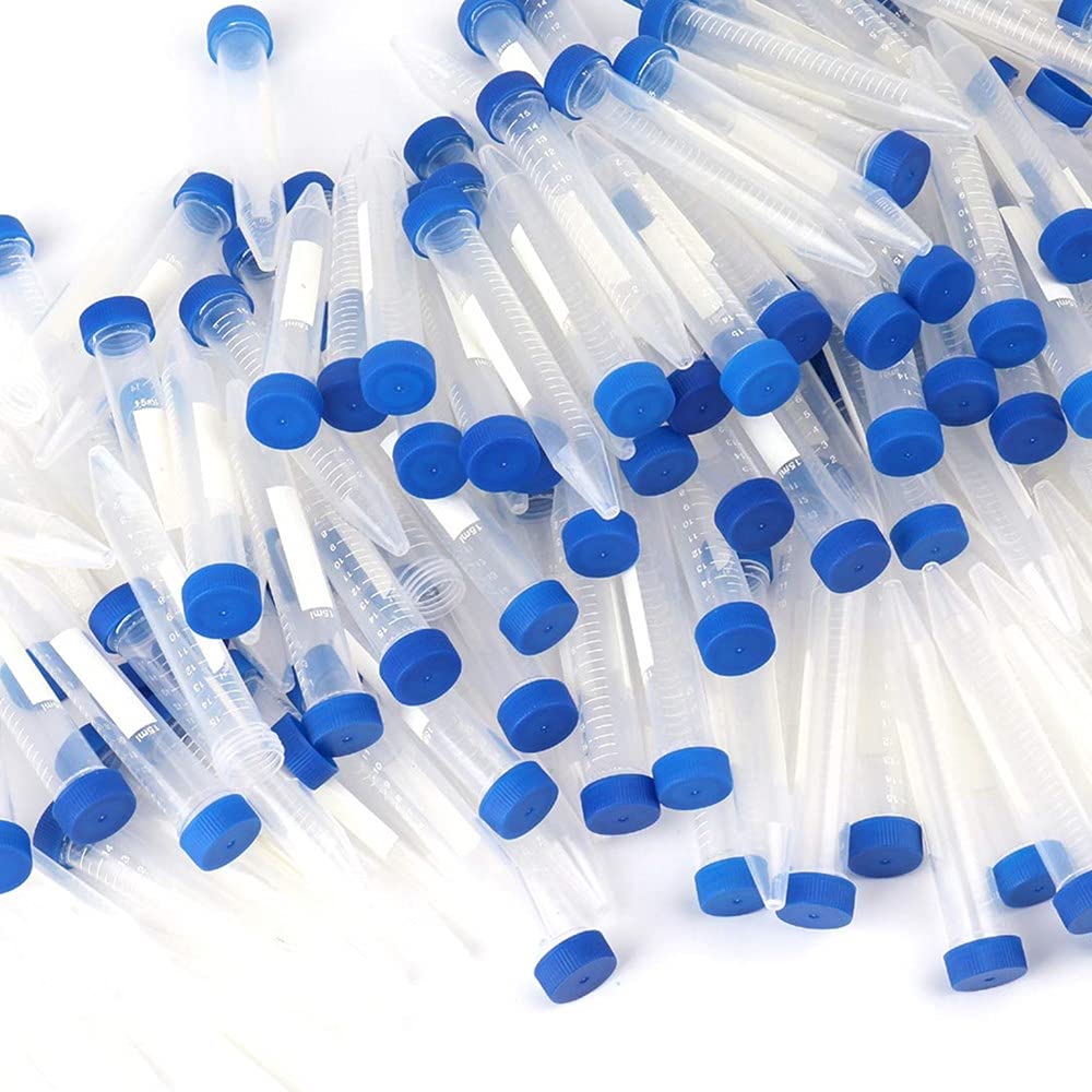 100 tubi da centrifuga in plastica, 15 ml, tappo a vite blu, fondo conico, segni graduati