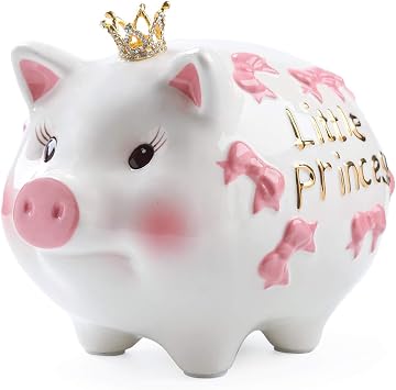 Ceramic Piggy Bank,Coin Bank ,Crown Princess Money Box for Girl Pink 8.3" L