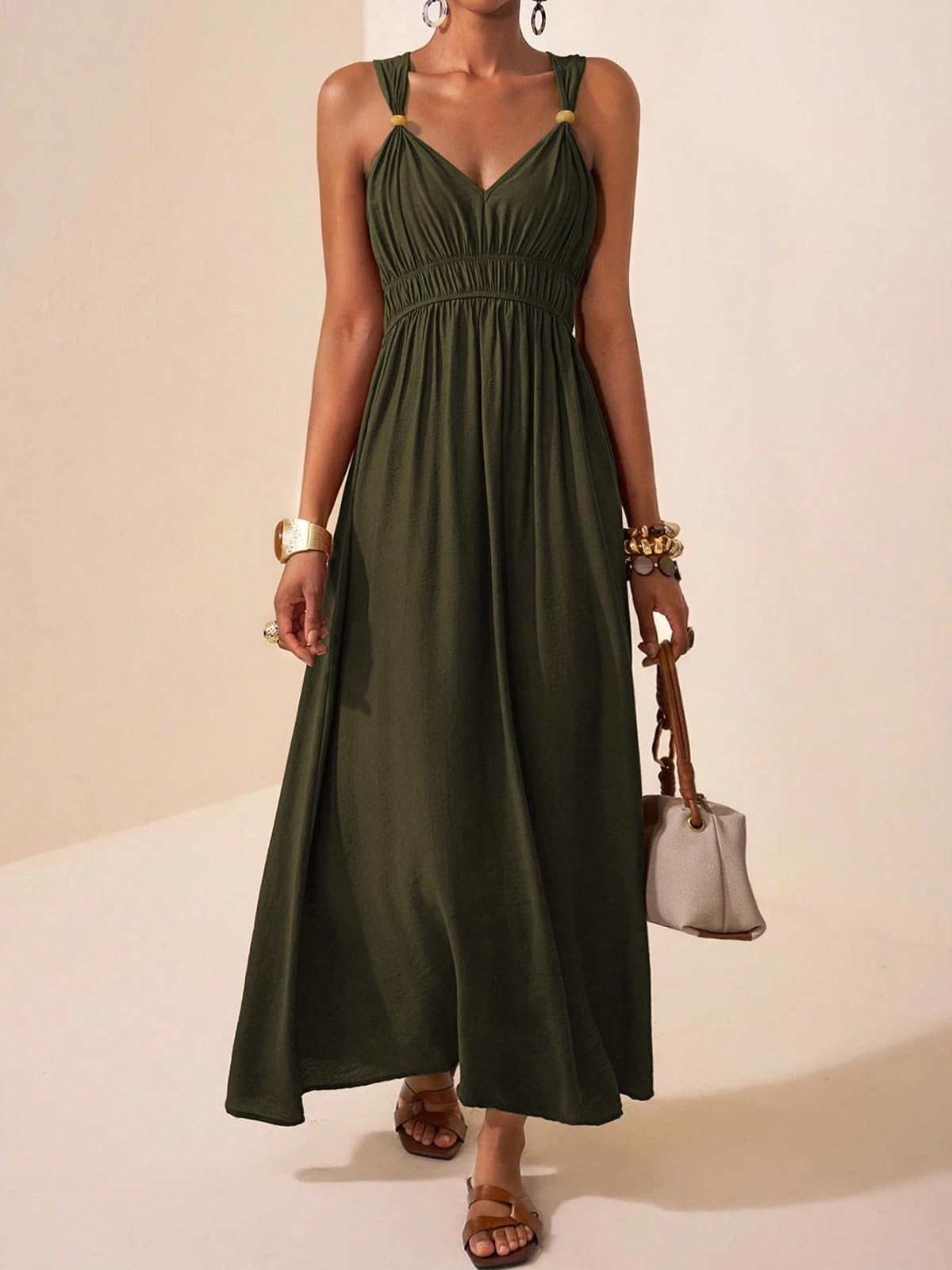 LIAMERHE Robe Longue Femme Été Chic et Élégante - Robe Maxi Décontractée Col en V sans Manches Robe de Plage Bohème Vintage Taille Haute Élastique pour Vacances Fête Quotidien