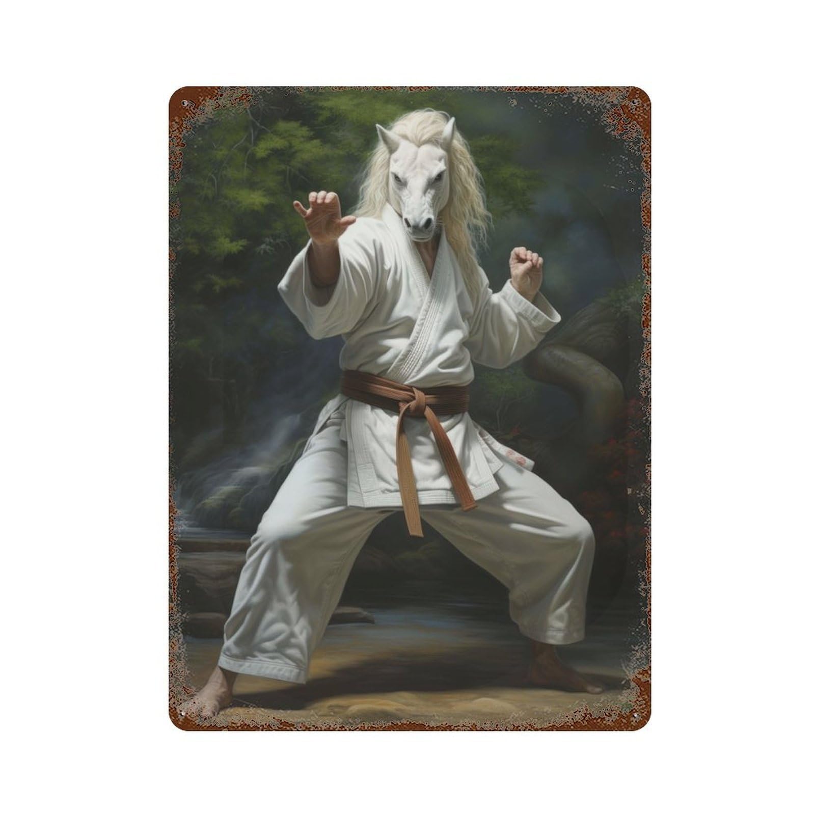 Karate Horse Rust Effect Tin Sign 15.7"x11.8", Ideal for Farmhouse, Kitchen And Entryway Decor