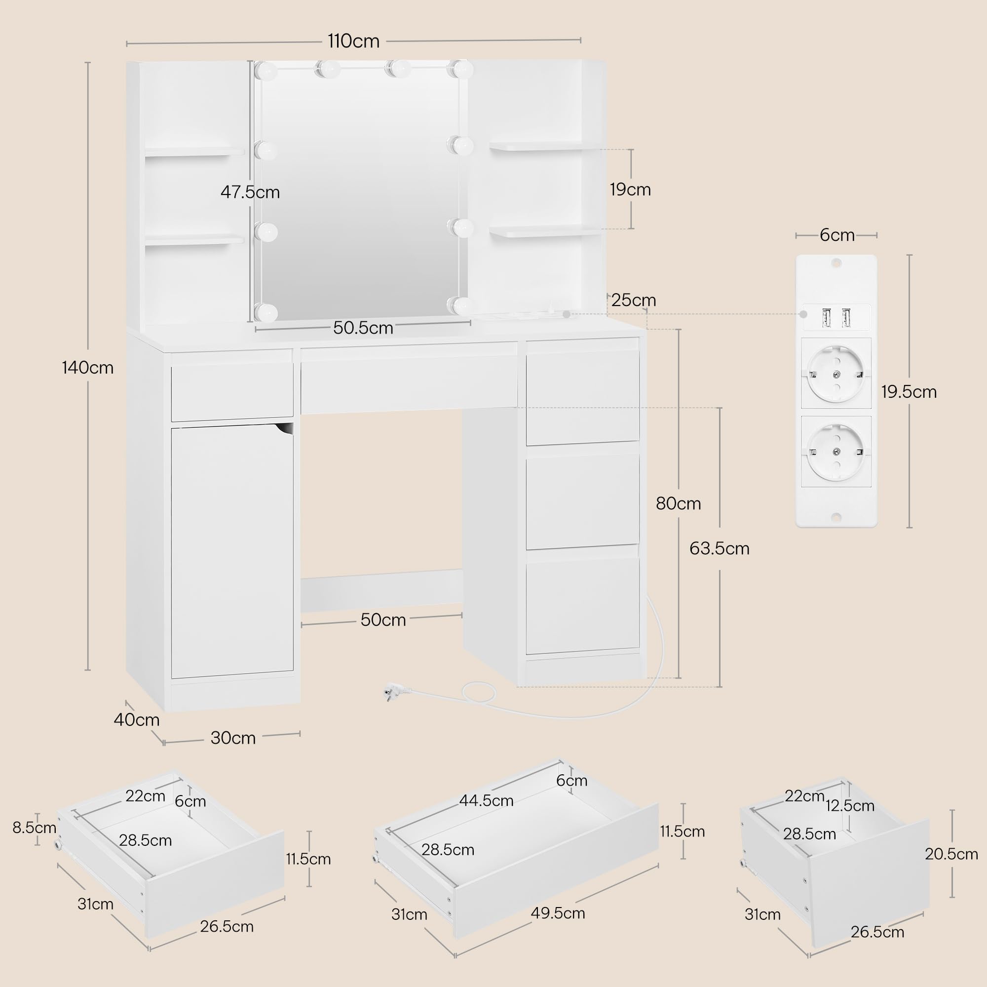 WOLTU Coiffeuse avec Miroir LED, Multiprise, Éclairage Réglable, Grande Coiffeuse avec 5 Tiroirs, Étagères Ouvertes, Armoire, Table de Maquillage en Bois pour Chambre, Blanc, MB6117ws