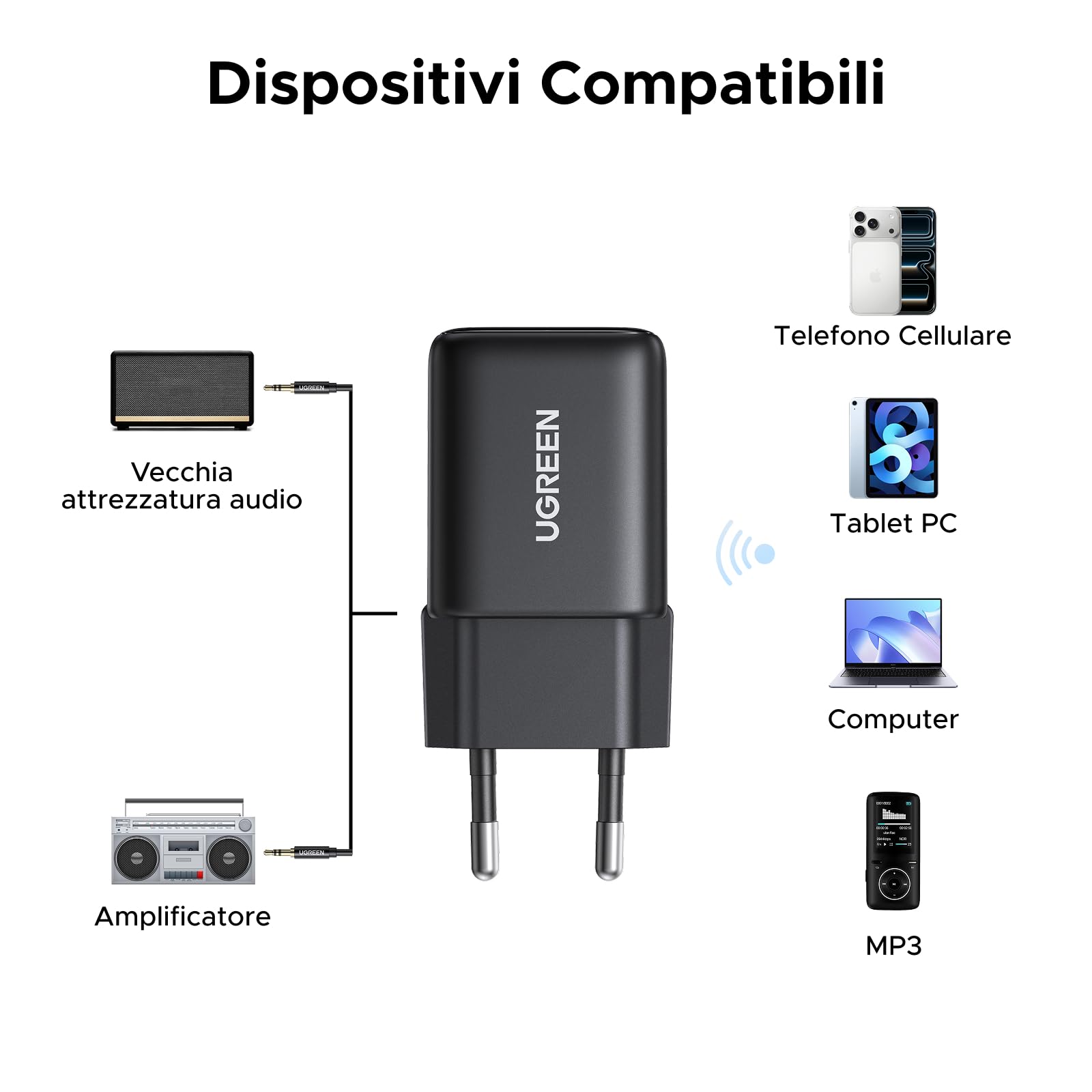 UGREEN Ricevitore Bluetooth 6.0 LDAC/SBC/AAC Audio Adattatore 3,5 mm Hi-Res HiFi Bassa Latenza Wireless Alimentatore a Innesto Diretto Compatibile con Telefono Tablet Altoparlante Amplificatore