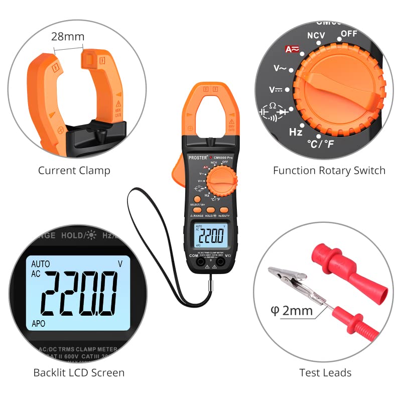 Proster Digital Clamp Meter TRMS 6000counts, 800A DC AC Current AC/DC Voltage NCV Continuity Capacitance Resistance Frequency Diode Hz Test, with1 PairTest Leads 1 Pair Alligator Clips