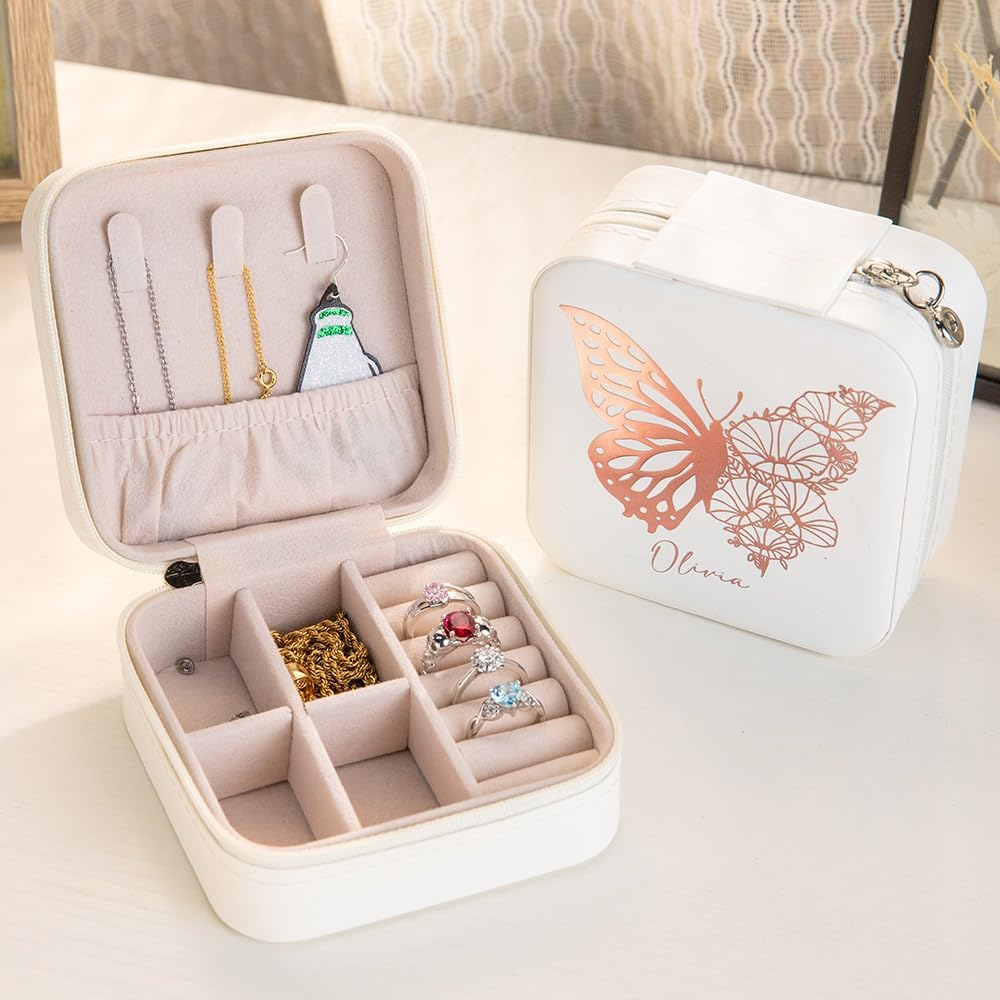 callie Personalized Birth Butterfly Jewelry Case, Custom Small Leather Travel Jewelry Box Organizer for Women, Mother's Day Birthday Gifts for Her