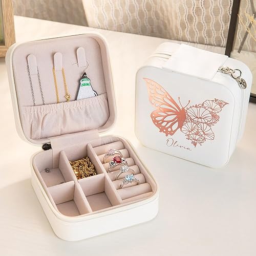 Miniatura 3 de Joyero de viaje personalizado de mariposa, caja organizadora de joyas de viaje personalizada con flor de nacimiento, pequeño joyero para mujer