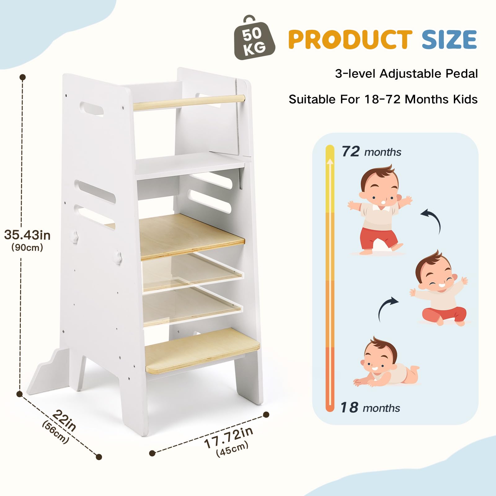 Labebe Learning Tower 3 in 1 con Lavagna e Seduta, Torre Montessori Regolabile in 3 Altezze, Legno