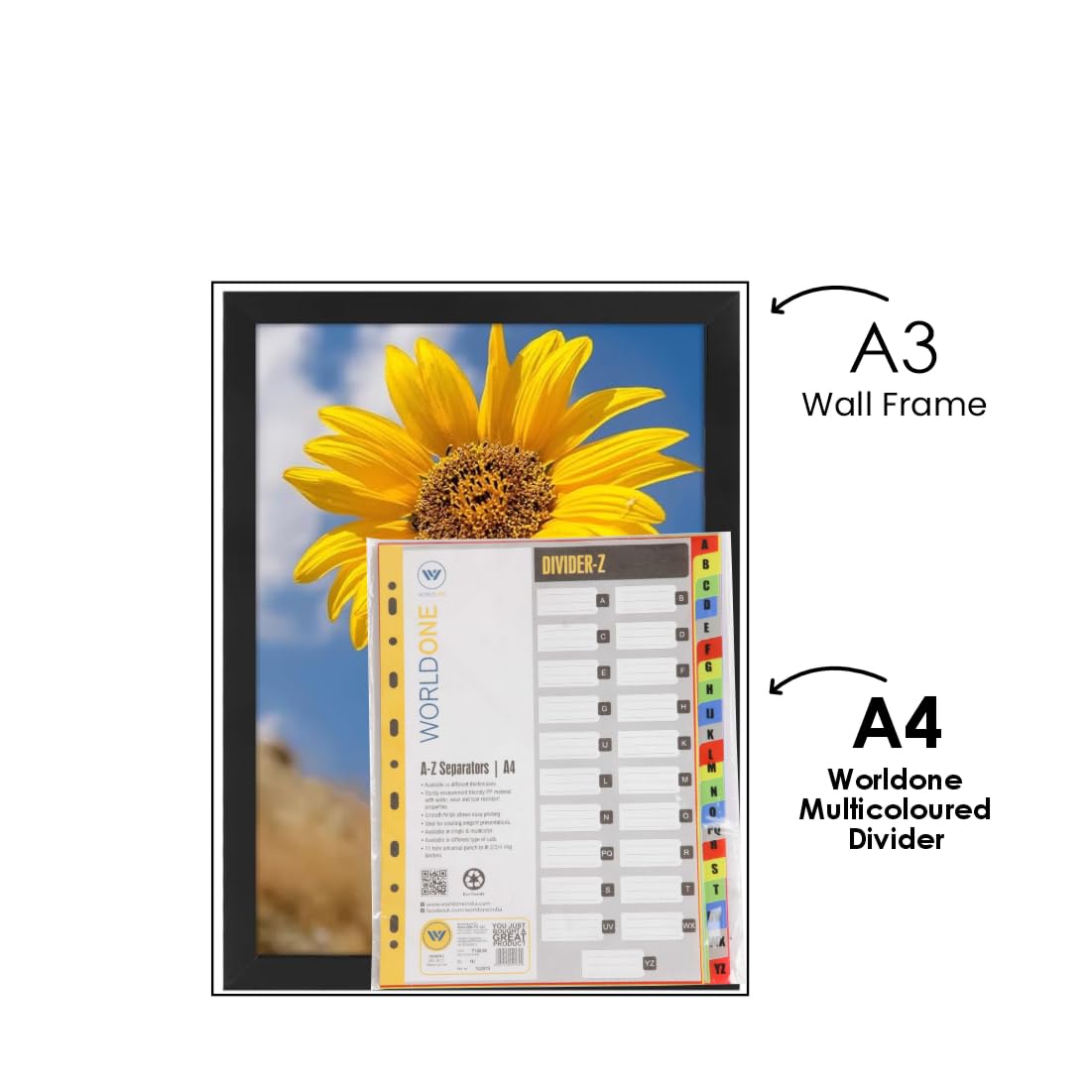 Worldone Multicoloured Divider, A-Z Marked Tabs for Easy Customisation, Tear Resistant PP Material, Smooth Finish, 11 Universal Punch, 2 Packs of A4 size-21 Separators, Ideal for Presentations 2