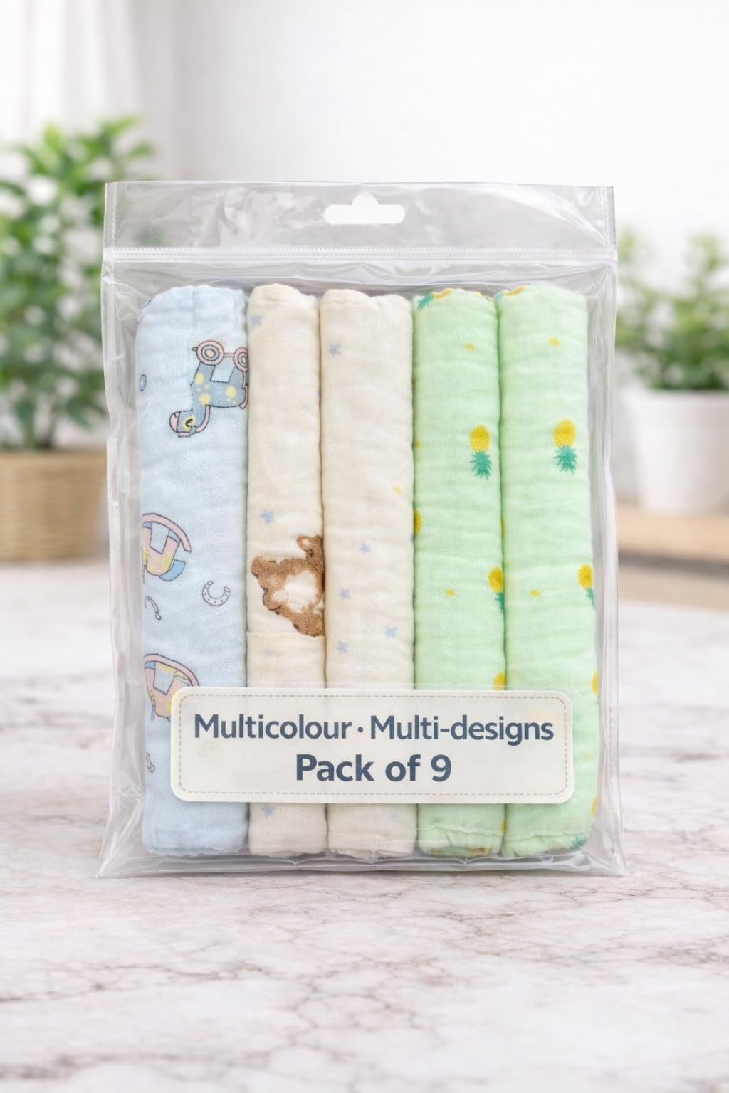 KIDS BASIC Soft Cotton Muslin Hankies for Babies Multicolour & Prints Daily Use Face Cloth - (Pack of 9)-image-31