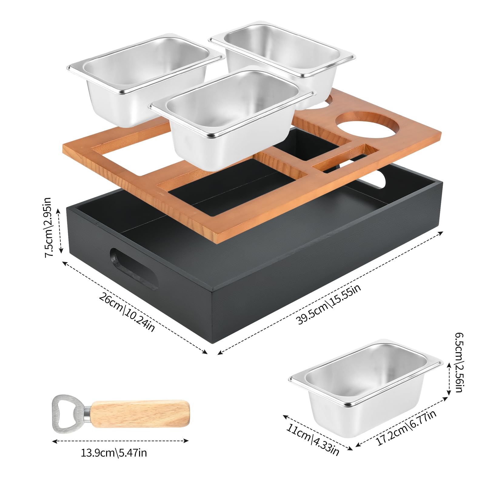 Vassoio da Divano, Euakee Porta Snack da Divano in Legno con Due Ciotole Snack Inossidabile e Portabicchieri, Vassoio da Portata Adatto per Divano del Soggiorno Picnic del Ristorante