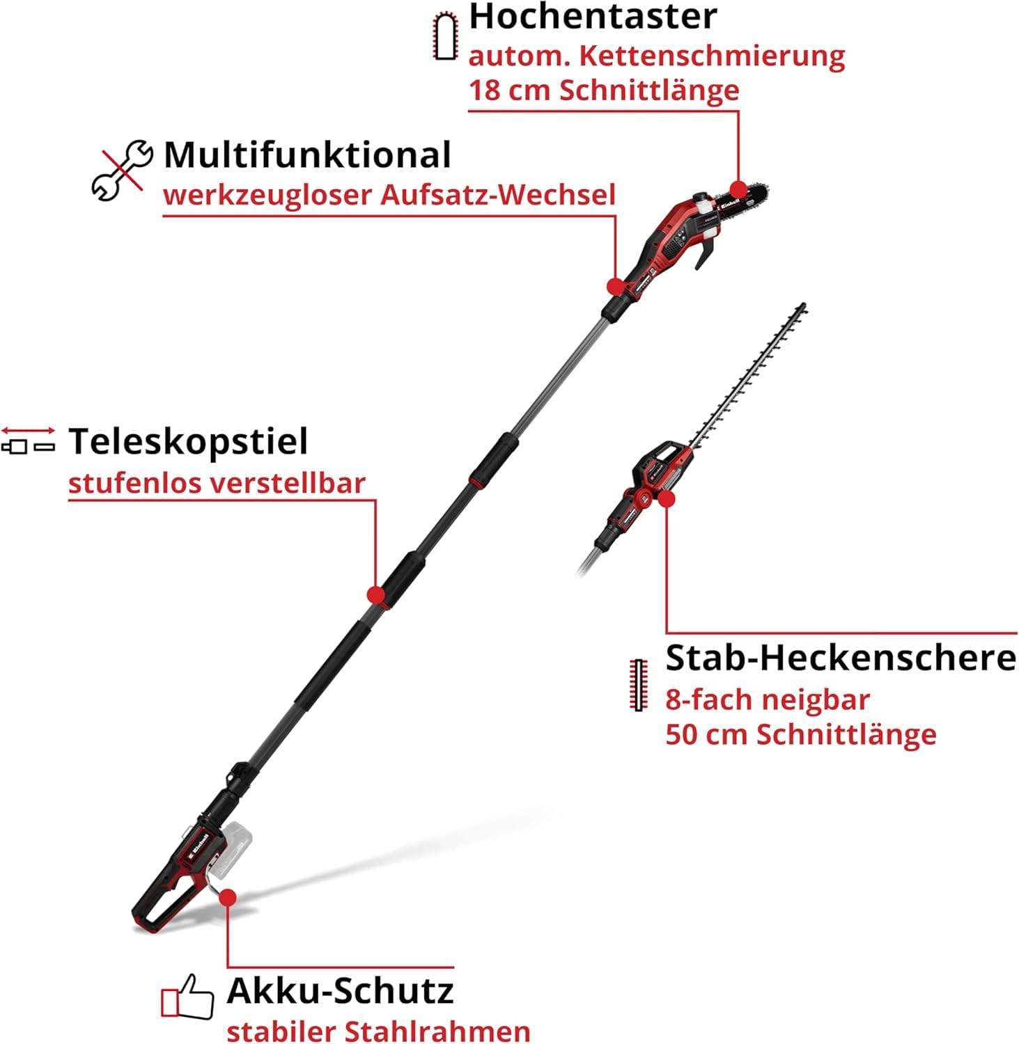 Einhell Professional Akku-Multifunktionswerkzeug GP-HC 18/5020 Li T BL-Solo Power X-Change (18 V, Brushless, 50 cm Heckenschere, 18 cm Hochentaster, Teleskopstiel, ohne Akku)