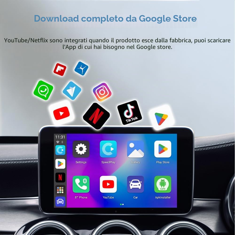 Sunweyer Adattatore Wireless CarPlay Android Auto 2+32GB con Play Store & Netflix/YouTube - Supporto TF/USB, Installazione App (Solo per auto con CarPlay Cablato o Android Auto Cablato) (SW05)