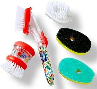 Pioneer Woman 5-Piece Soap-Dispensing Dish Wand & Palm Brush Cleaning Set with Refill Heads, Multicolor Floral/Coral Pattern, Kitchen Sink Accessories