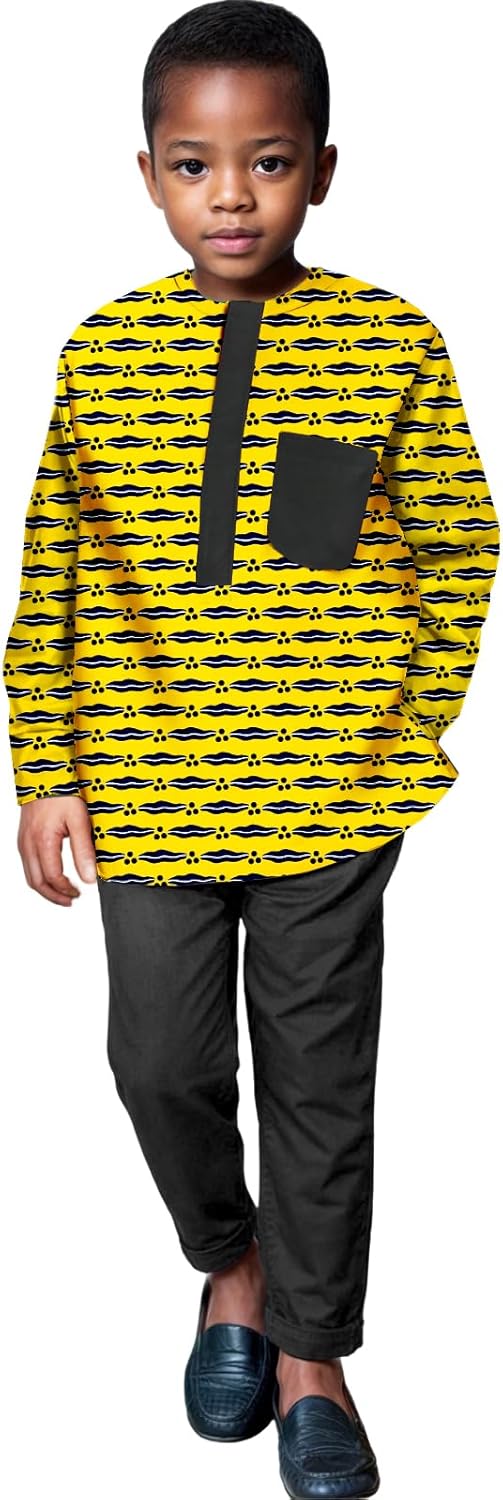 Kids African Clothes Chilren Dashiki Outfits Kente Print Shirt and Pants 2 Piece Set Ankara Suit for Boy