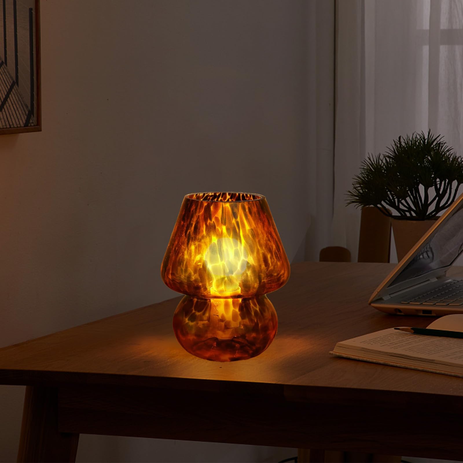 SWNEPOF Mushroom Table Lamp, Nights Light with 3 Color Modes and Adjustable Brightness, USB Desk Lamp for Bedroom Dorm Living, Murano Style Aesthetic Cute Home Decor (Amber)