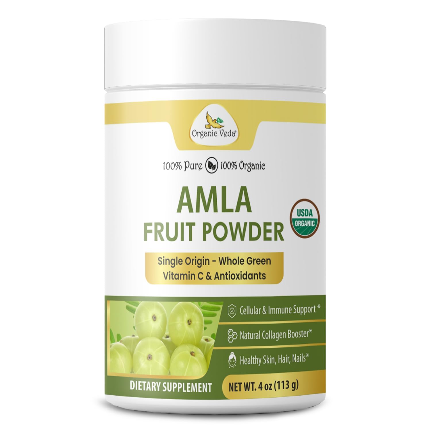 Organic Veda Amla Powder 100% Pure Green Vitamin C & Antioxidants for Hair Growth, Cleansing, Digestion, Skin, Immune Health Support-Single Origin USDA Certified Organic Amla Fruit Powder-4 oz 3.98 Ounce (Pack of 1)
