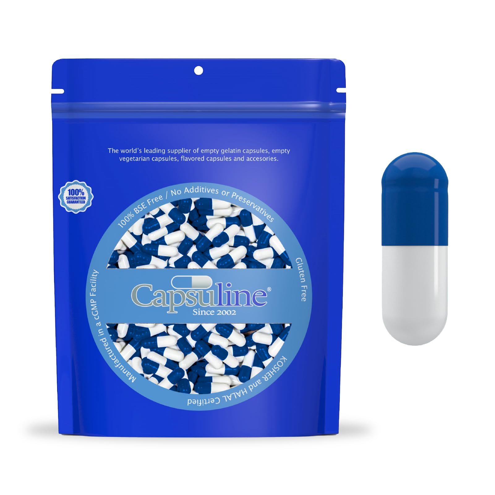 Capsuline Gelatin Capsules DIY 00 Capsules - Kosher Certified, Pure Bovine Pill Capsules Empty & Gluten Free - 1000 Count, Blue/White