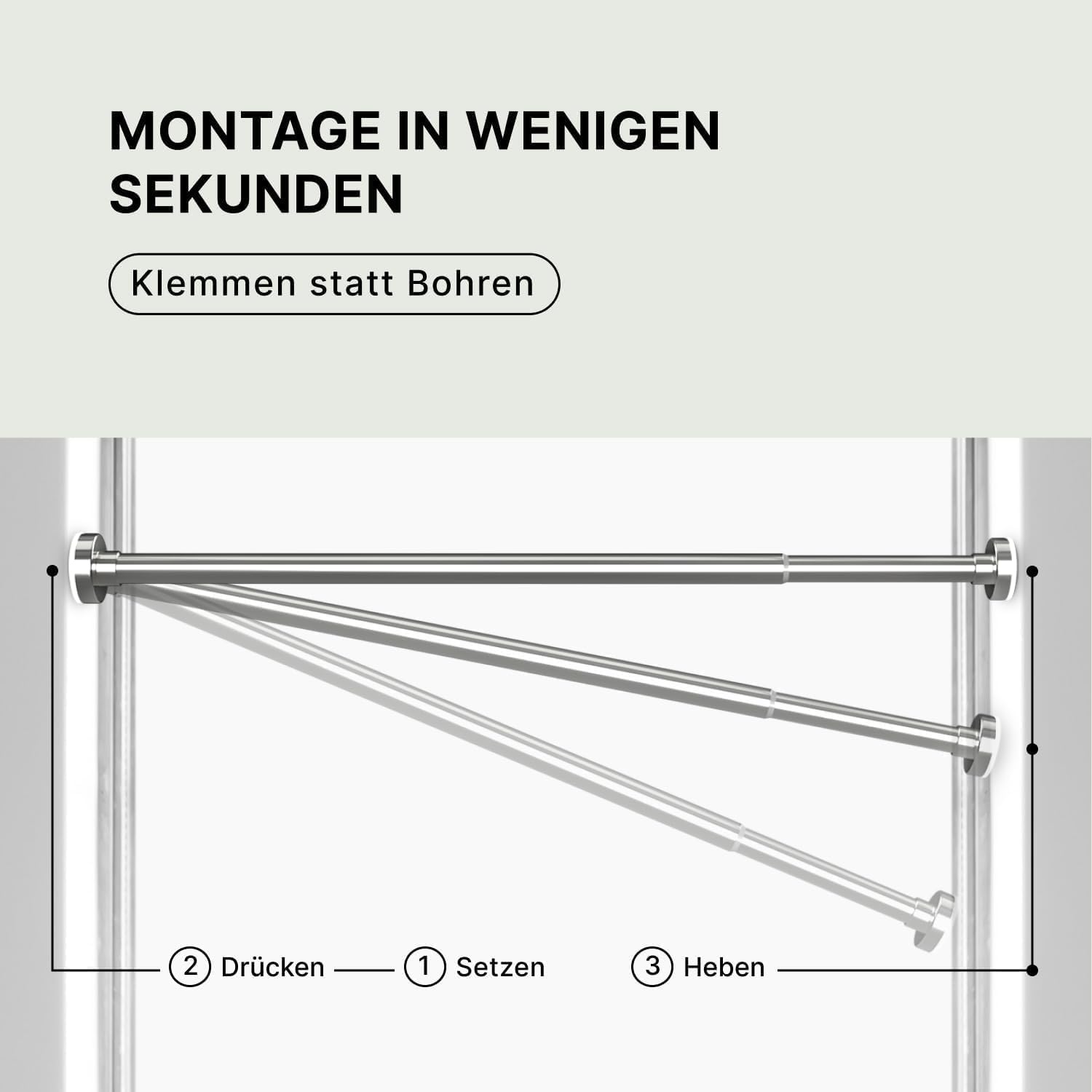 MEISENBERG Gardinenstange zum Klemmen 90-160cm, Silber, Ø 25 mm, Duschvorhangstange ohne Bohren - Vorhangstange für Gardinen, Bäder und Balkon - 2Stück