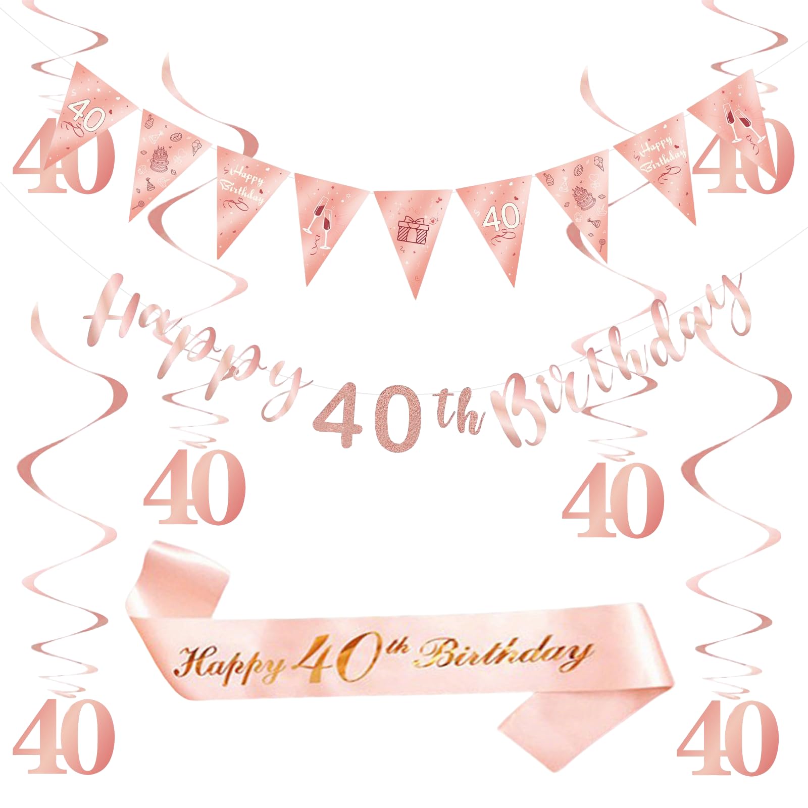 Qwrqwr 40th Birthday Decorations for Women Rose Gold Sash and Pennant Banners Set for Happy 40 Years Old Party (40th)