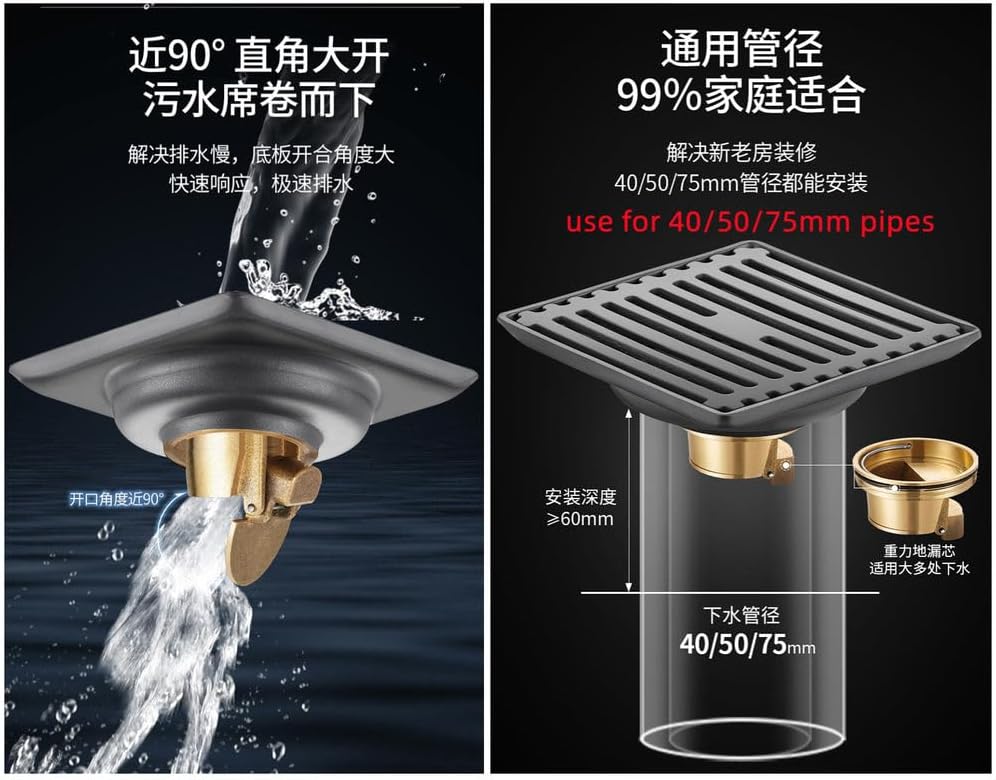 10cm Anti-Odor Bathtub Shower Drainer Floor Bathroom Accessories Square Gray Floor Drain Waste Drain for Toilet Laundry,E,1PC,G with Head-1PC