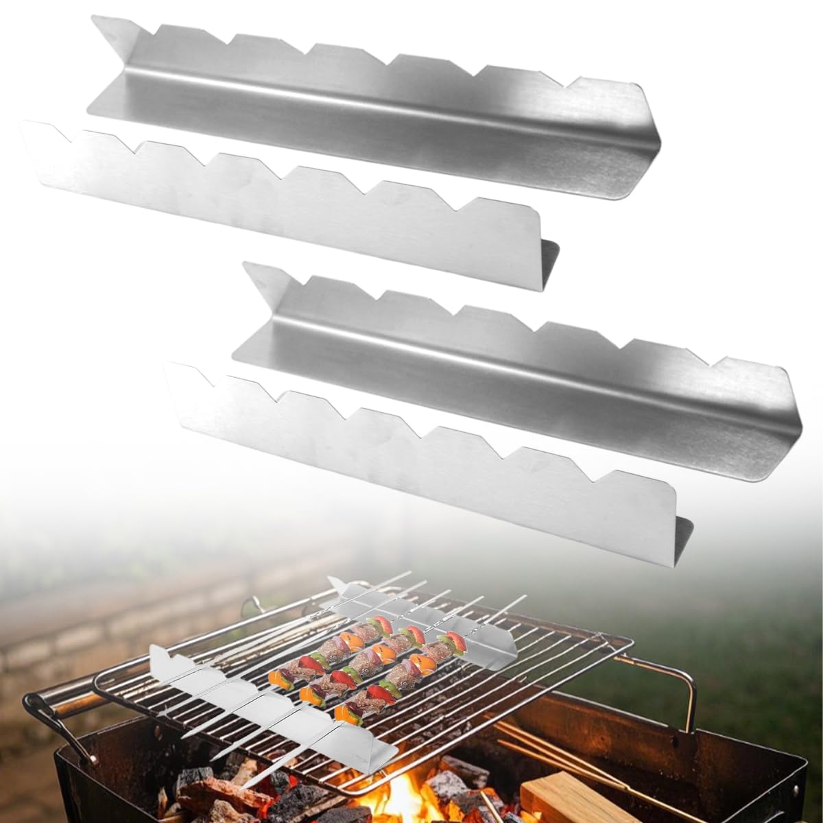 Zestaw 4 uchwytów na szpikulce BBQ ze stali nierdzewnej z 6 nacięciami | Kompatybilne z płaskimi szpikulcami do grillowania na świeżym powietrzu