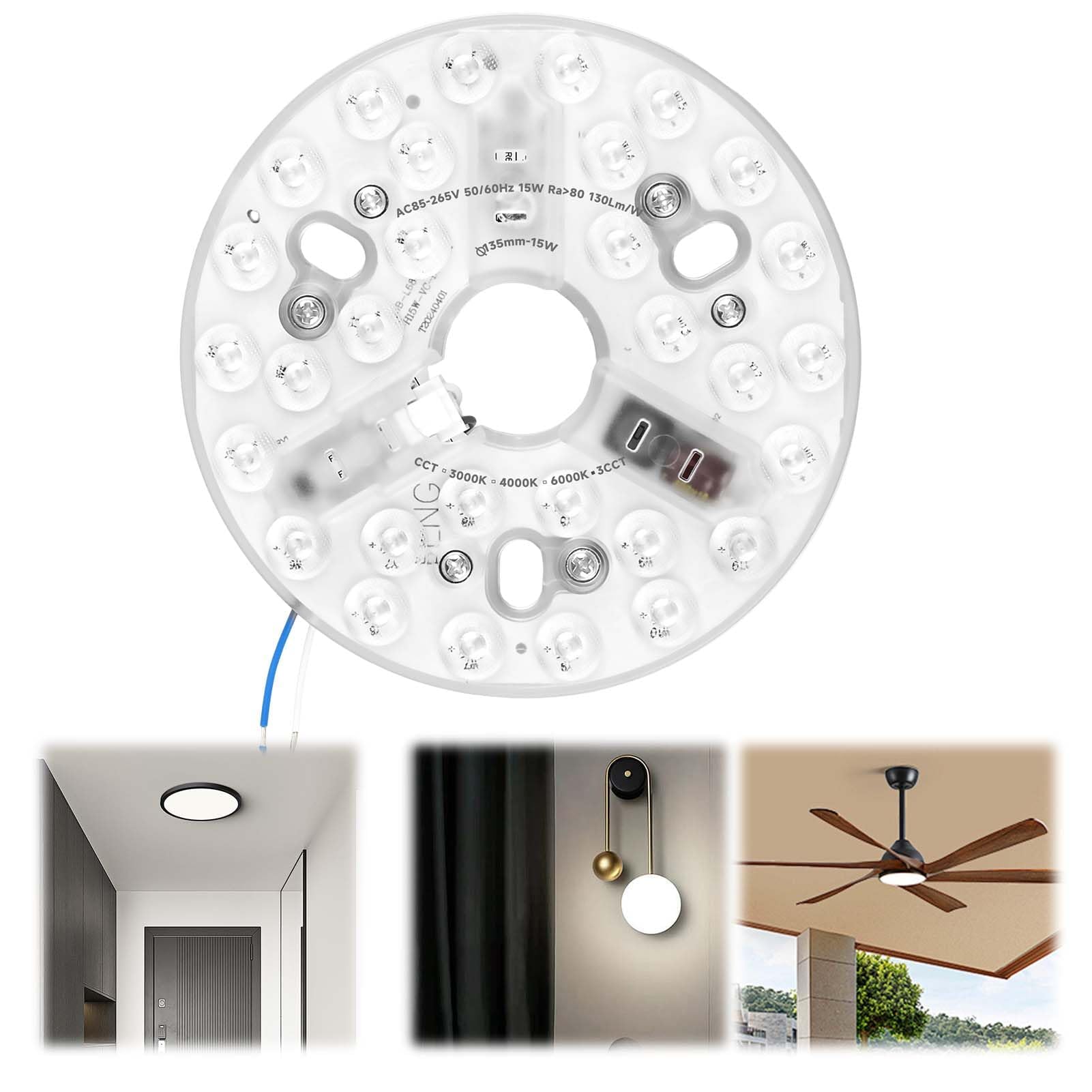 Kit de Recambio Luz LED 15W para Ventilador de Techo 5.3, Panel Redondo 3CCT 3000/4200/6500K con Memoria, Base de Aluminio 85–265V, Repuesto Universal para Modernizar Lámparas y Ventiladores