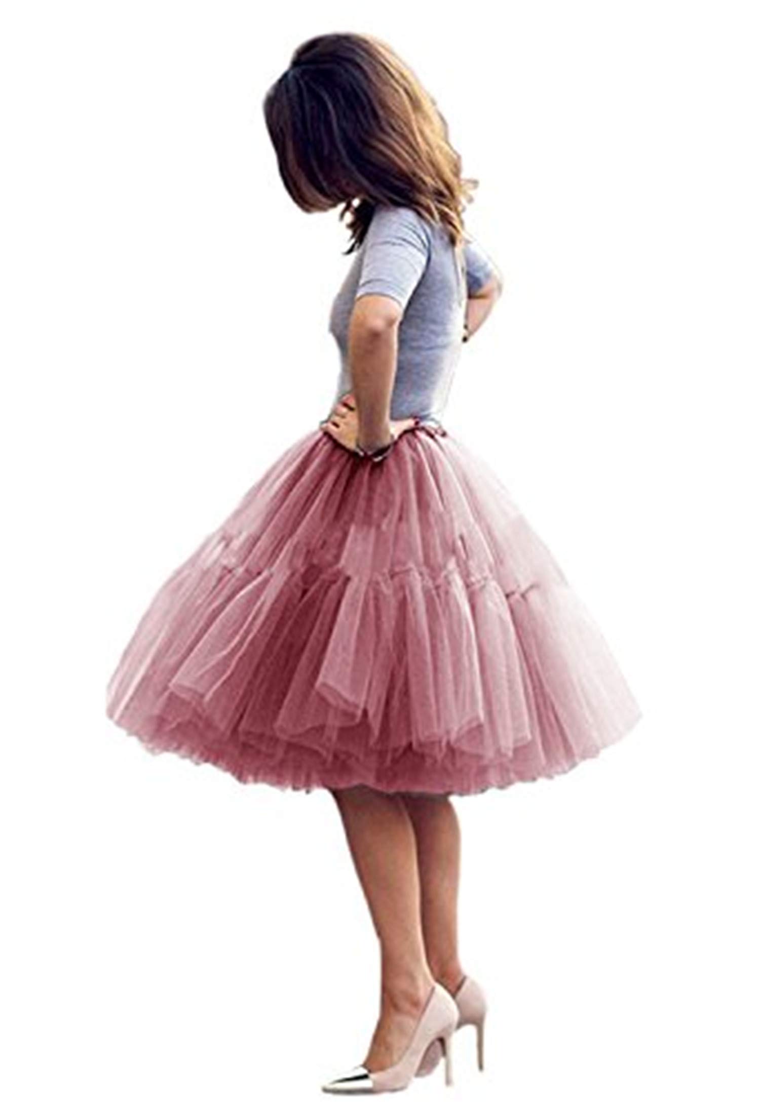 Tulle Skirt,Women's Midi Tulle Tutu Skirt Fluffy Princess Five Layers A line Party Prom Underskirt, Mauve, L-XL