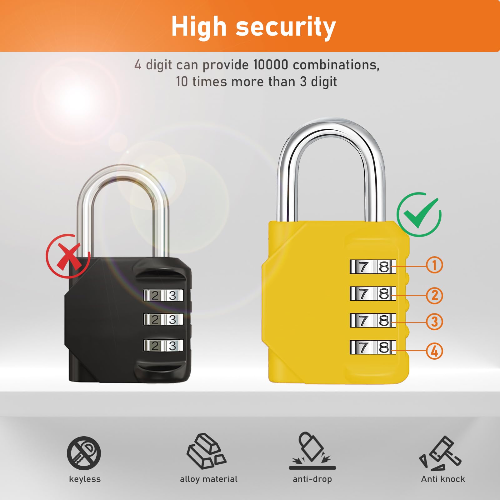 NAGE Combination Lock for Locker, 4 Digit Resettable Gym Lock, Weatherproof Combination Lock Outdoor for Gym School Sports Locker, Fence, Gate, Toolbox, Case, Hasp Storage (1 Pack, Yellow)