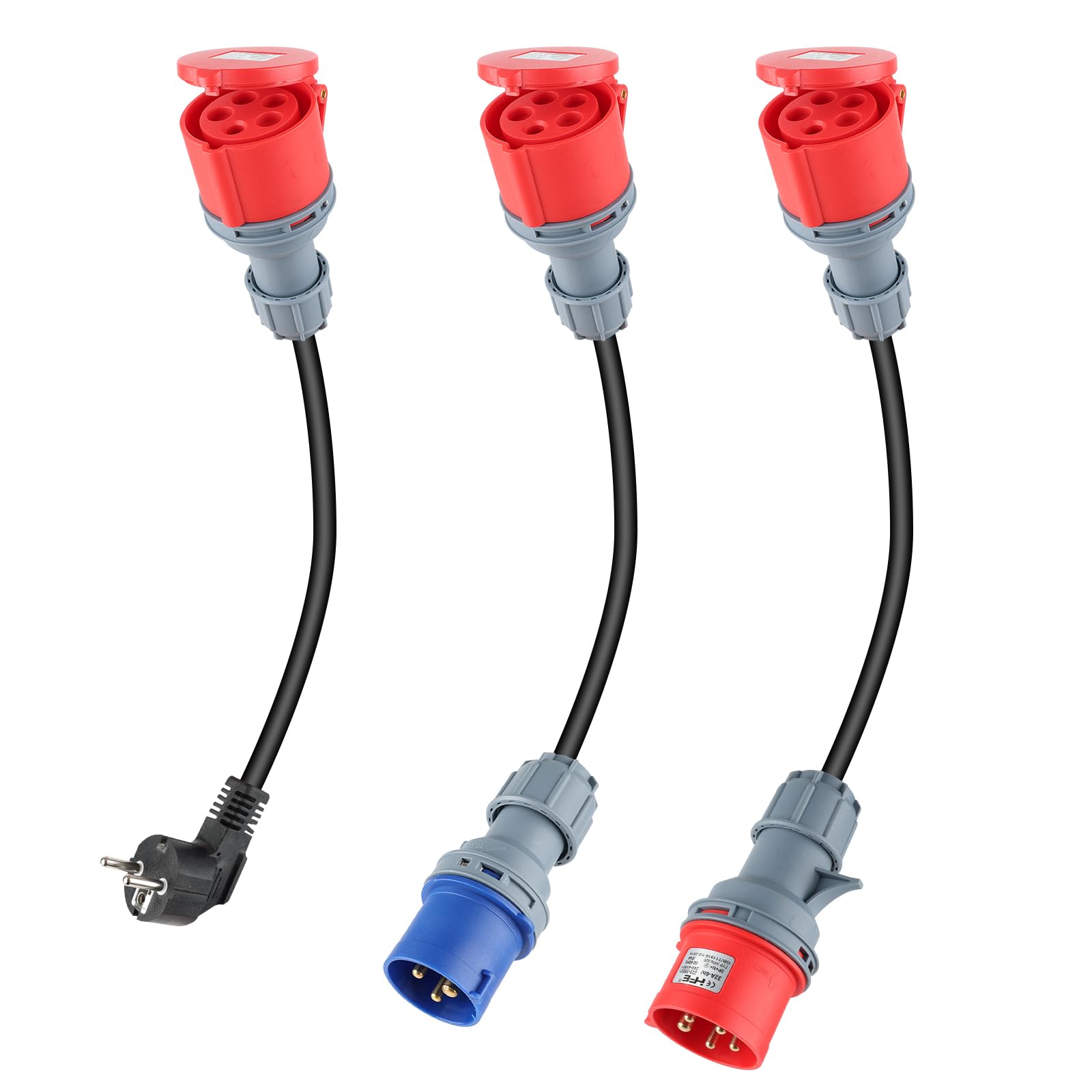 3 adaptadores CEE para enchufes Schuko, juego de adaptadores CEE 16A | 5 pines para enchufes domésticos CEE rojo 32A/CEE azul 16A/230V, 3 x 2,5 mm² H07RN-F 16A, juego de adaptadores