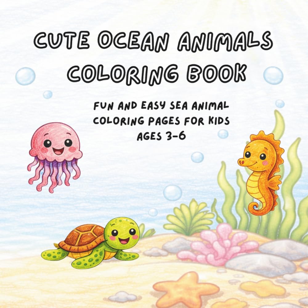 Cute Ocean Animals Coloring Book: Fun and Easy Sea Animal Coloring Pages for Kids Ages 3-6