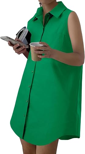 LYANER Women's Casual Shirt Dress Collar V Neck Sleeveless Button Down Loose Min