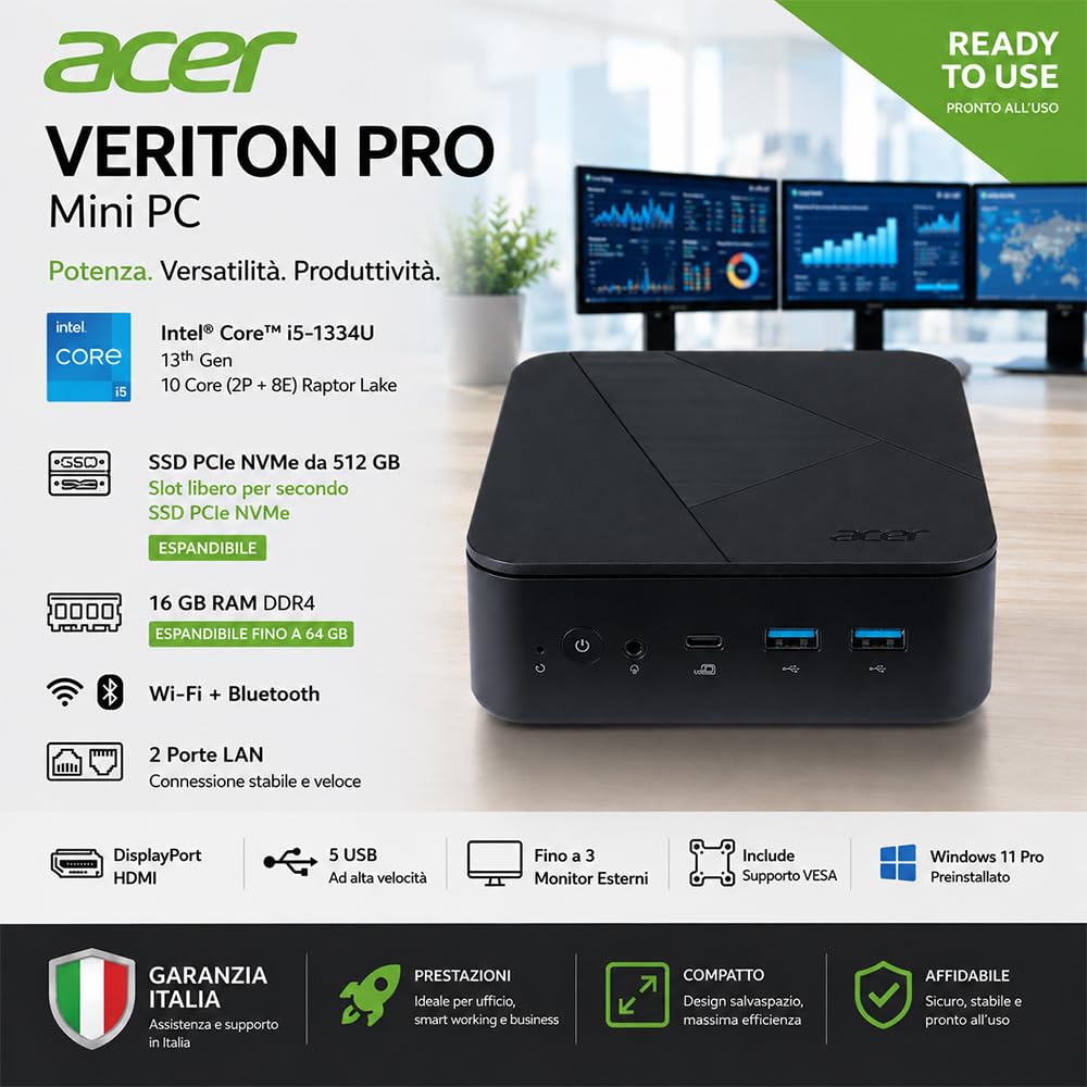 Acer Veriton Mini PC Intel i5-1334U 16GB RAM DDR4 SSD 512GB PCIe