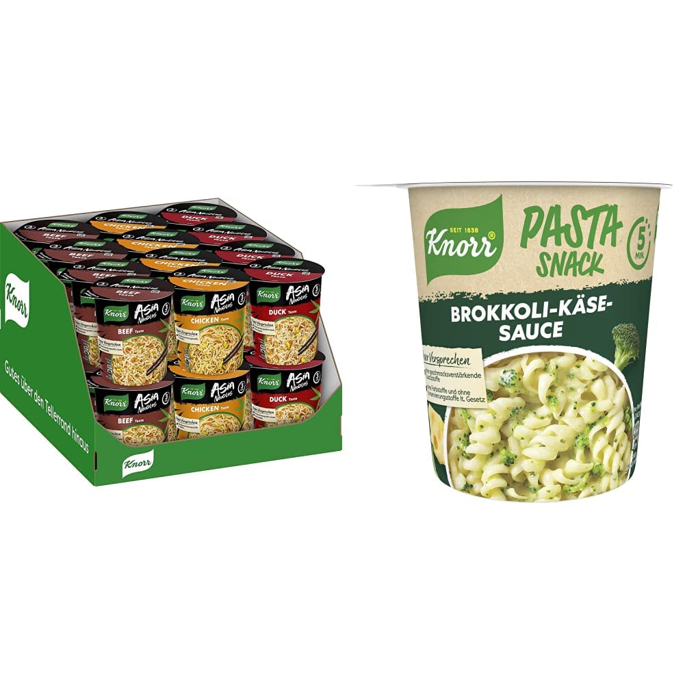 Knorr Instant Nudeln Asia Noodles verschiedene Sorten schnelles Nudelgericht 24 Stück & Pasta Snack Brokkoli-Käse-Soße leckere Instant Nudeln fertig in nur 5 Minuten 62 g 8 Stück