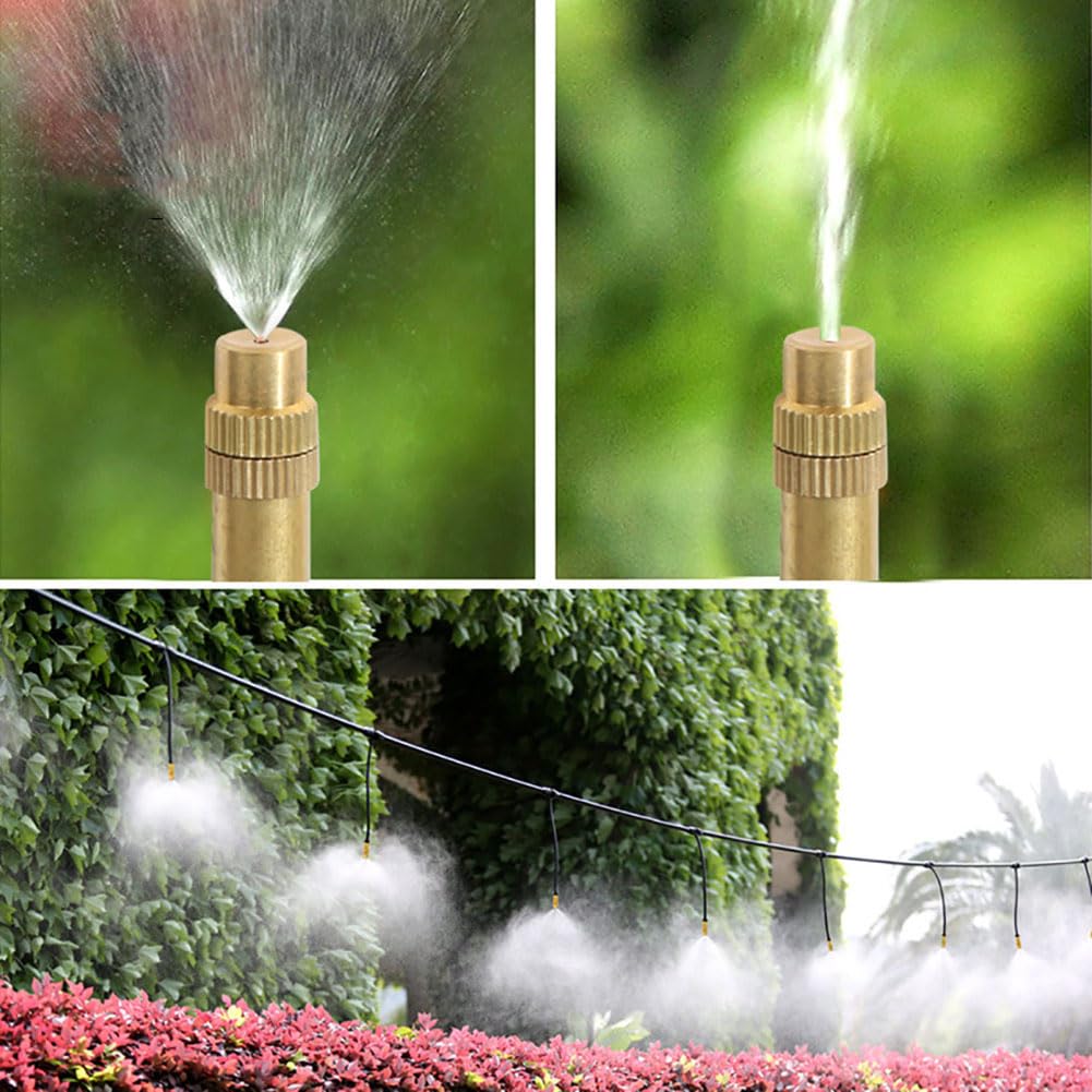 Aspersor ajustable con emisores de micro pulverización, juego de boquillas de cobre para pulverización de baja presión con manguera de 4/7 mm, 50 boquillas de latón + conector en T de 4/7 mm.