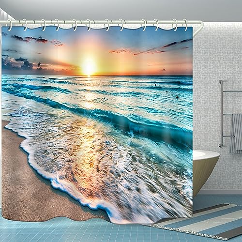 Image of LYFANS Shower Curtains Waterproof Polyester Fabric,Large Width Bright Partition Curtain with Sunrise Beach Print,Shower Curtain Liner for Bathtub Bathroom with 12 White Hooks (72 x72 inches)