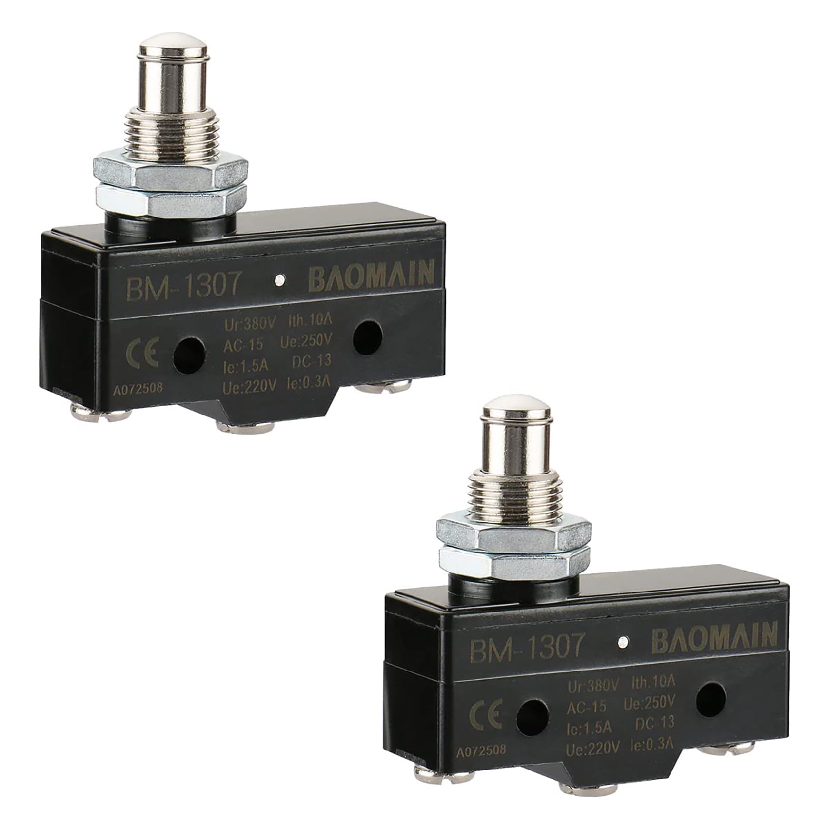 Baomain Plate Mounting Plunger Normally 250VAC 15A Micro Switch BM-1307 CE 2 Pack